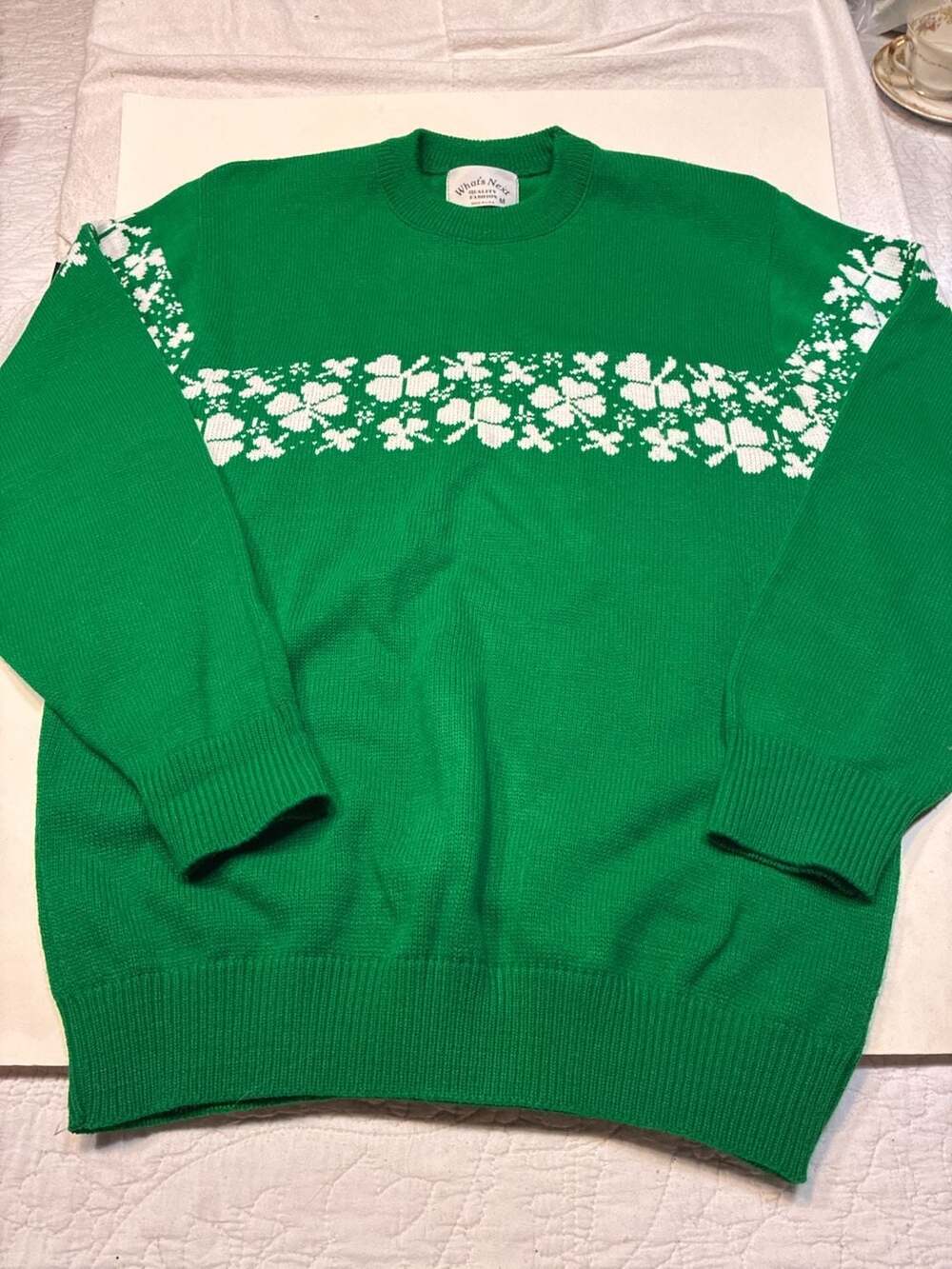 What's Next Quality Fashion Green Shamrock Pattern Knit Sweater